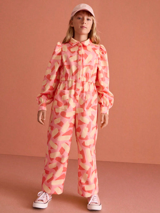 THE HAPPY LOOK Tween Girls' Geometric Print Puffed Long Sleeve Pocket Casual Shirt And Pants Set Pink