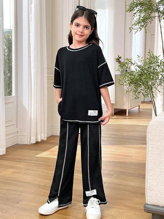 Tween Girl Loose Casual Contrast Color Knit Label Diamond Decor Loose T-Shirt Wide Leg Pants Black