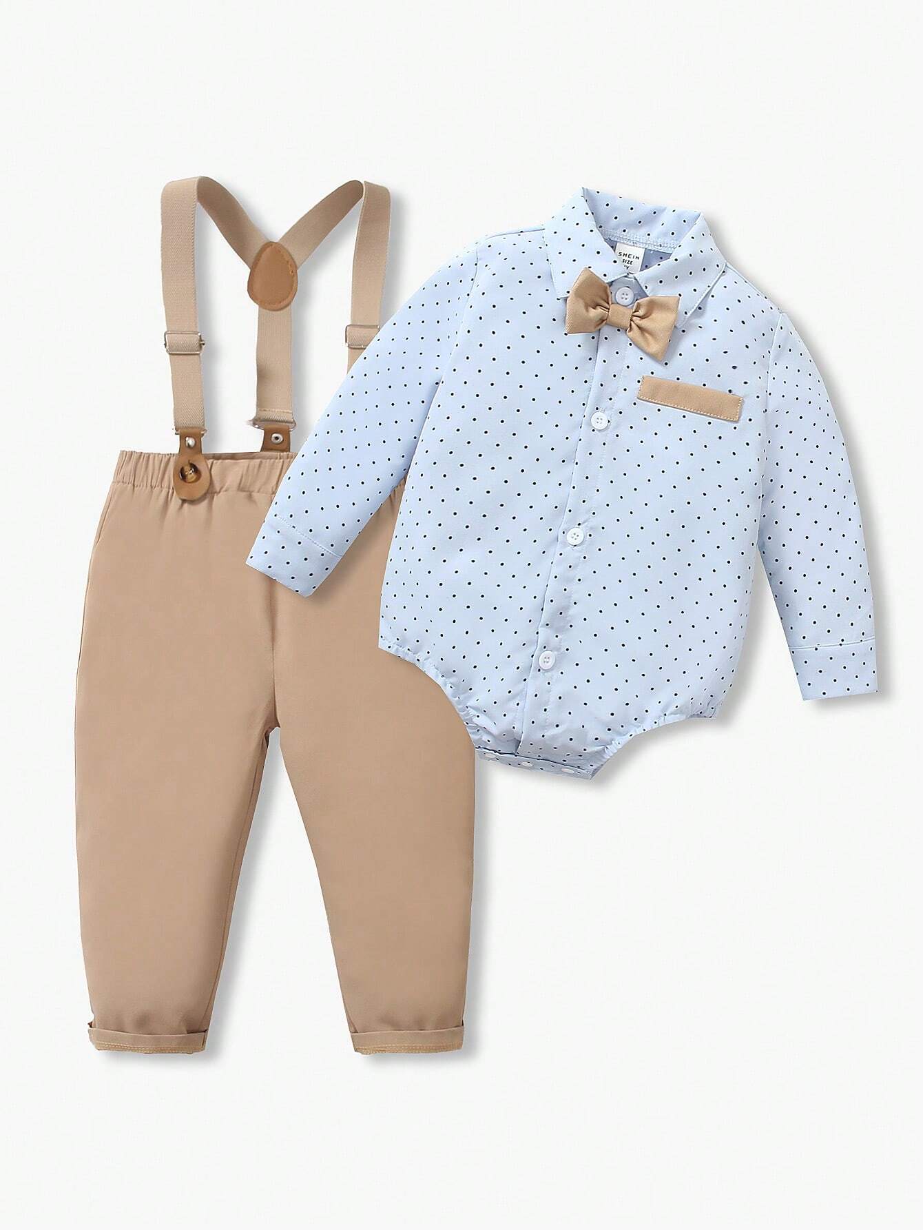 2pcs Baby Boy Gentleman Outfit, Polka Dot Long Sleeve Bowtie Shirt + Comfortable Bib Overalls Pants Multicolor 3