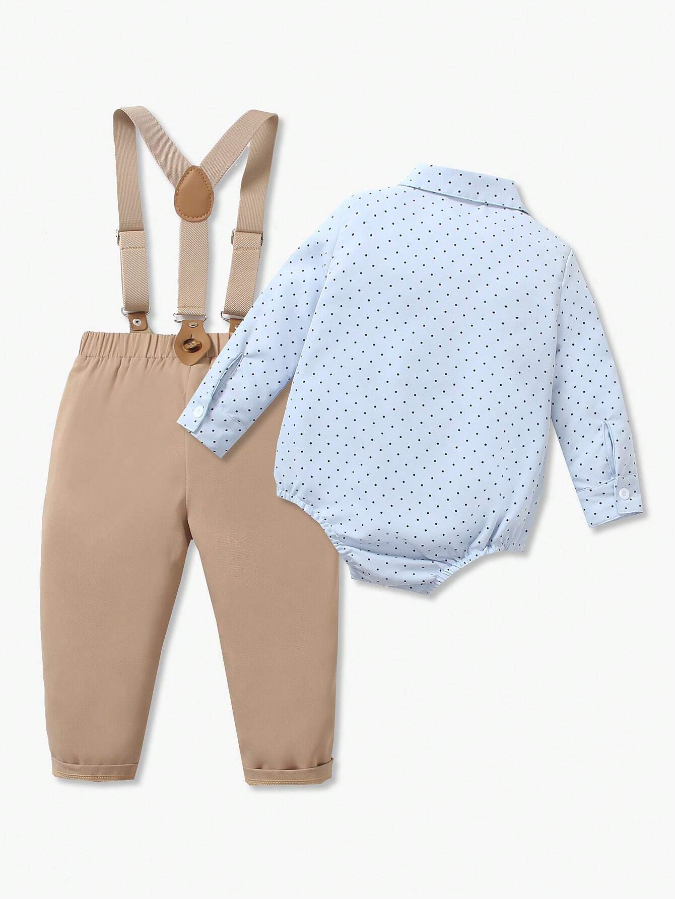 2pcs Baby Boy Gentleman Outfit, Polka Dot Long Sleeve Bowtie Shirt + Comfortable Bib Overalls Pants