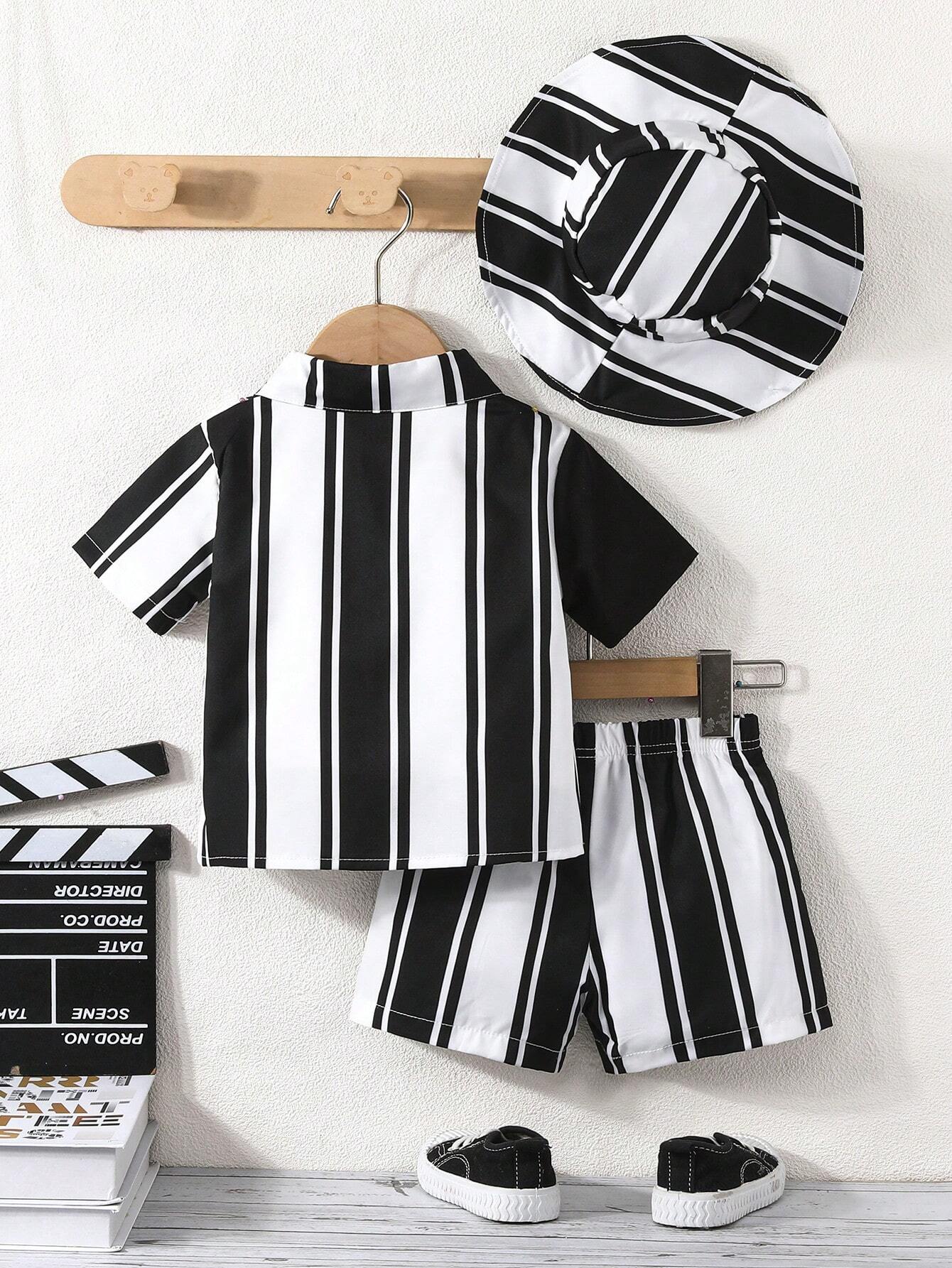 3pcs/Set Baby Boys' Summer Casual Striped Short Sleeve Shirt, Shorts And Hat Outfit