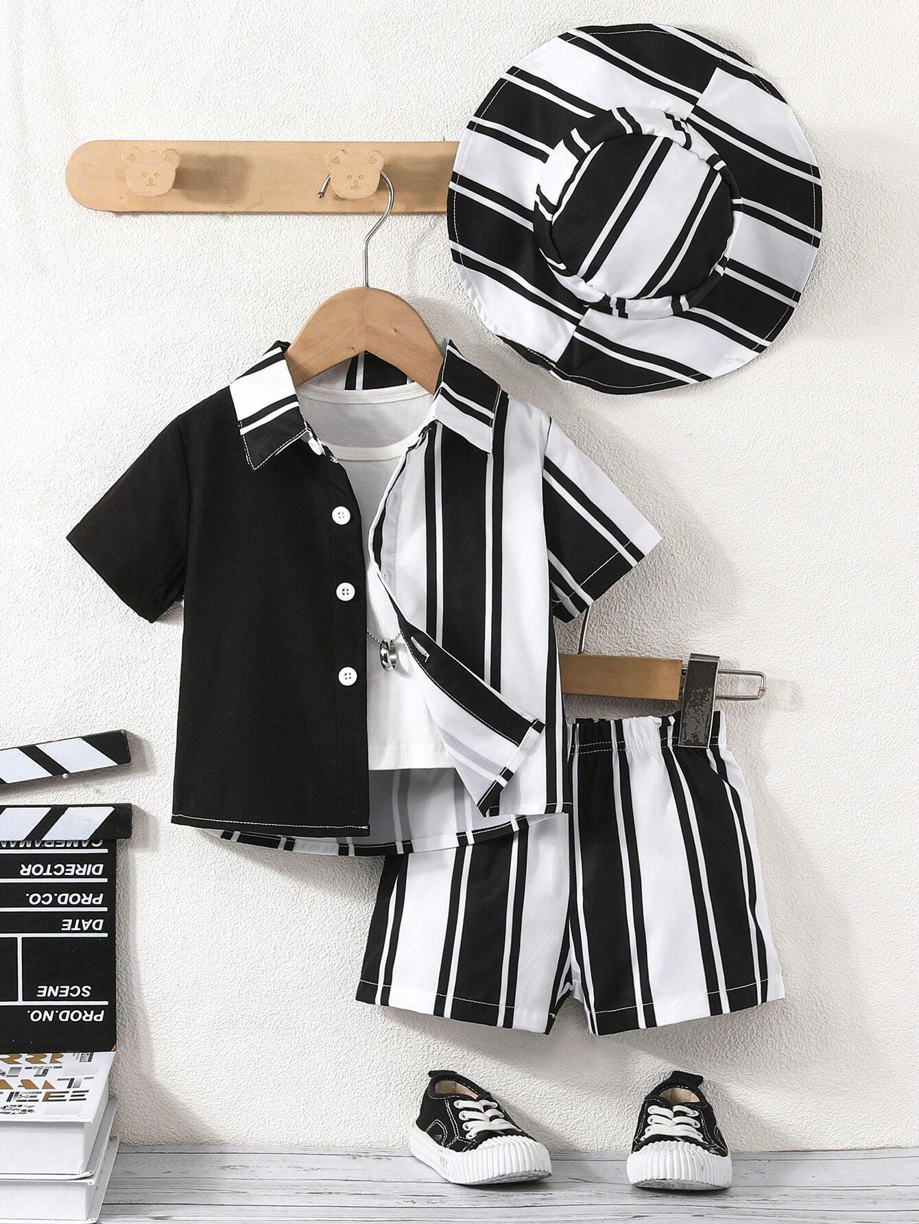 3pcs/Set Baby Boys' Summer Casual Striped Short Sleeve Shirt, Shorts And Hat Outfit Black & White