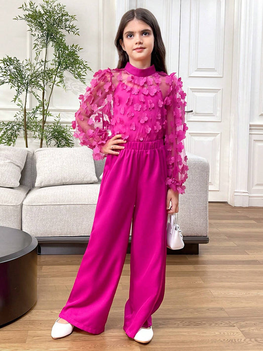 3pcs Tween Girl Floral Print Loose Collar Shirt, Camisole And Pants Set