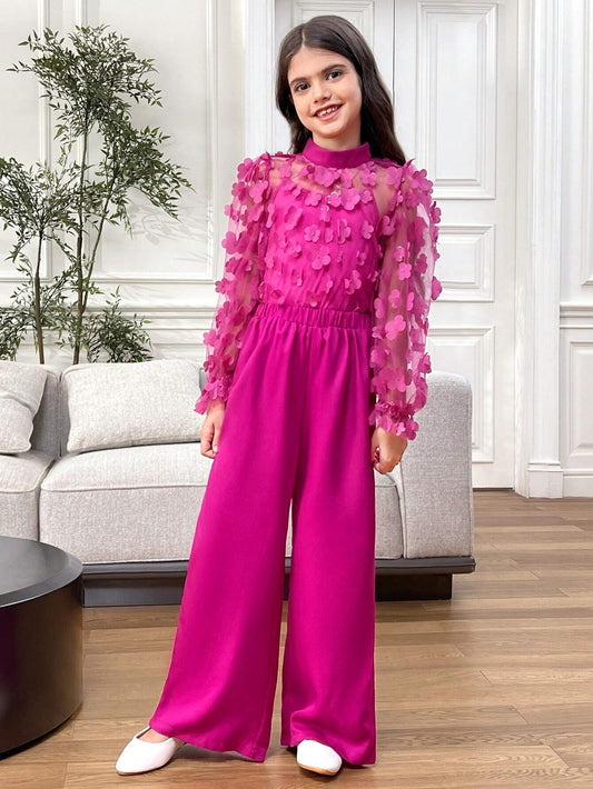 3pcs Tween Girl Floral Print Loose Collar Shirt, Camisole And Pants Set Hot Pink