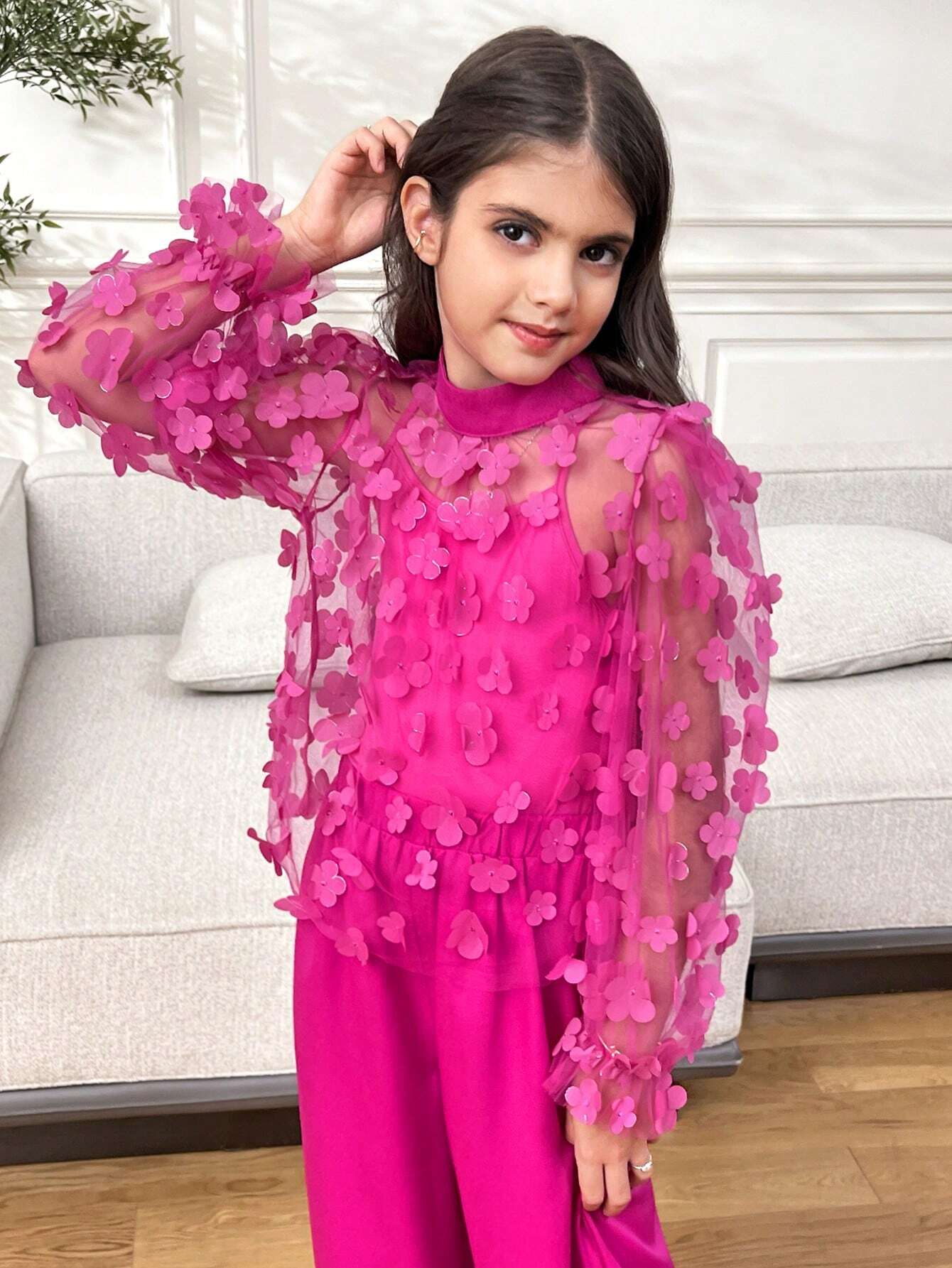 3pcs Tween Girl Floral Print Loose Collar Shirt, Camisole And Pants Set