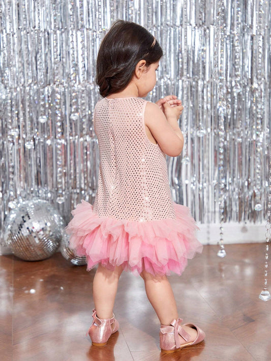 Baby Girl Pink Sequin Contrast Mesh Ruffle Hem Sleeveless Elegant Dress