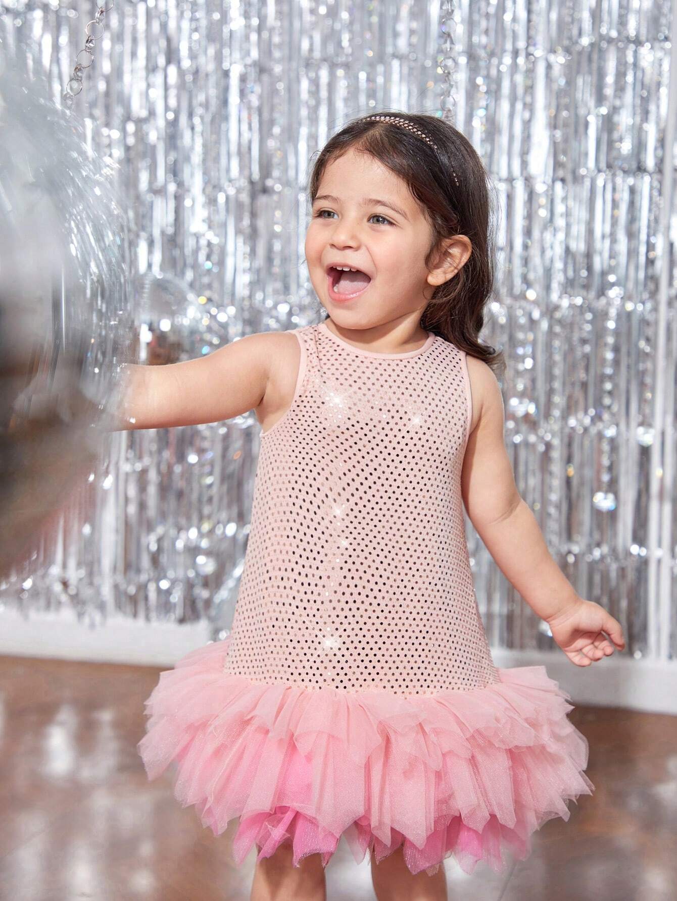 Baby Girl Pink Sequin Contrast Mesh Ruffle Hem Sleeveless Elegant Dress