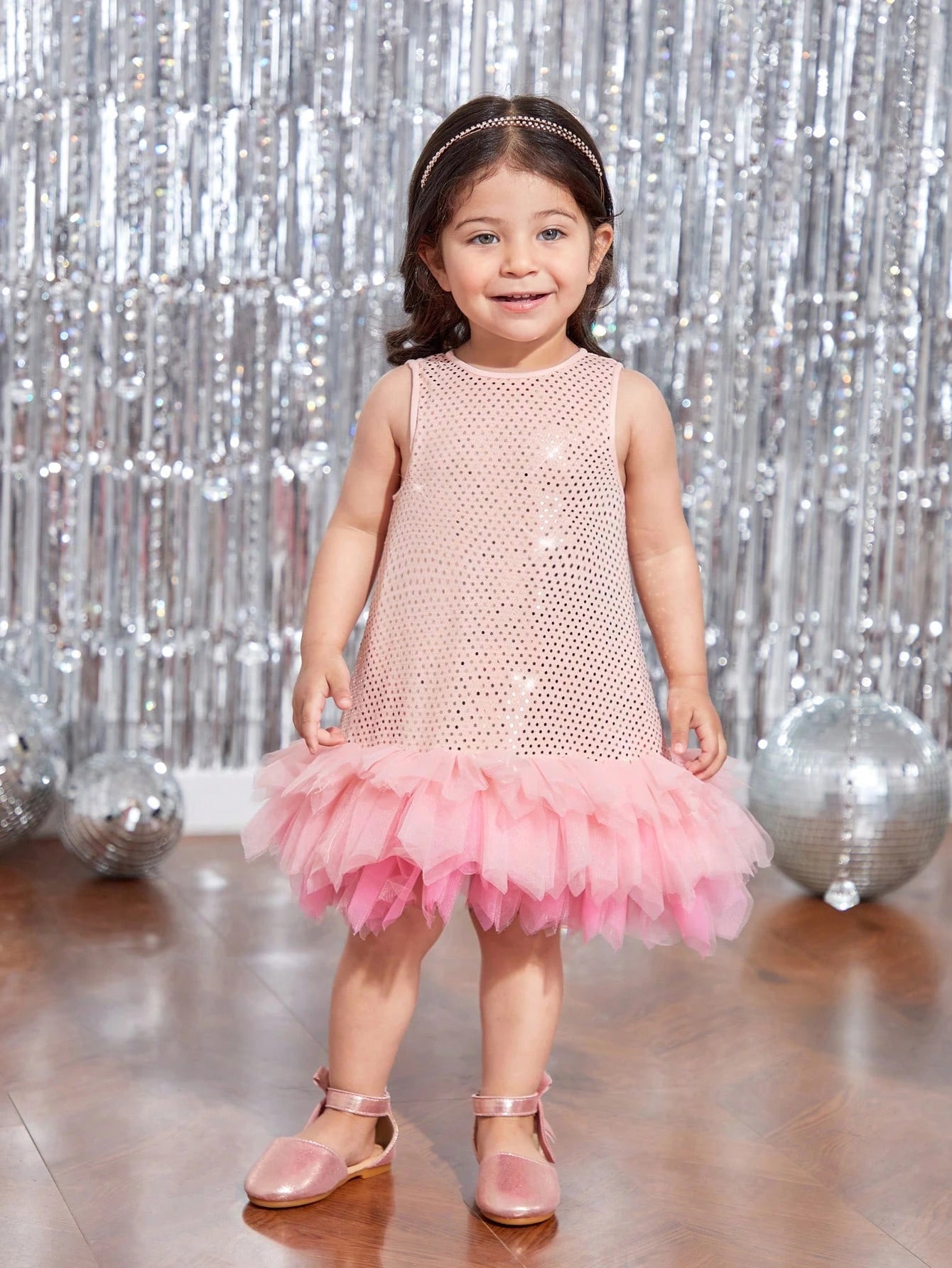 Baby Girl Pink Sequin Contrast Mesh Ruffle Hem Sleeveless Elegant Dress