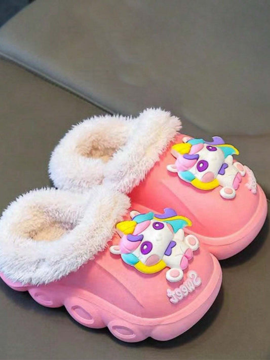 1 Pair Girls Cartoon Pony Fluffy Slippers Pink