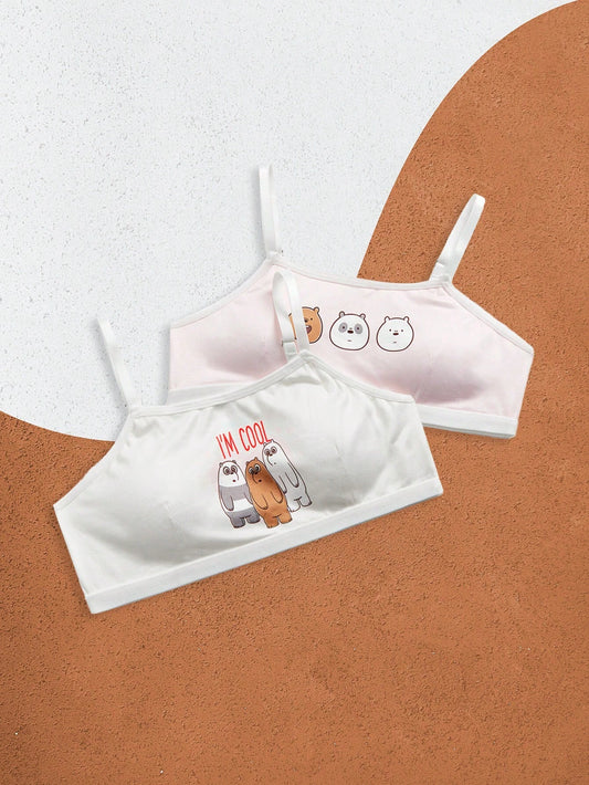 Tween Girl Pink & White Cartoon Print Removable Padding Bras Apricot