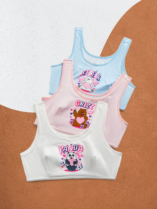 Tween Girl 3pcs Cute Cartoon Bear & Letter Print Comfortable Underwear Top Pink
