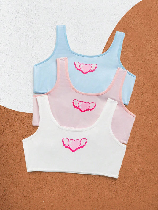 Tween Girl 3pcs Cute Cartoon Bear & Letter Print Comfortable Underwear Top