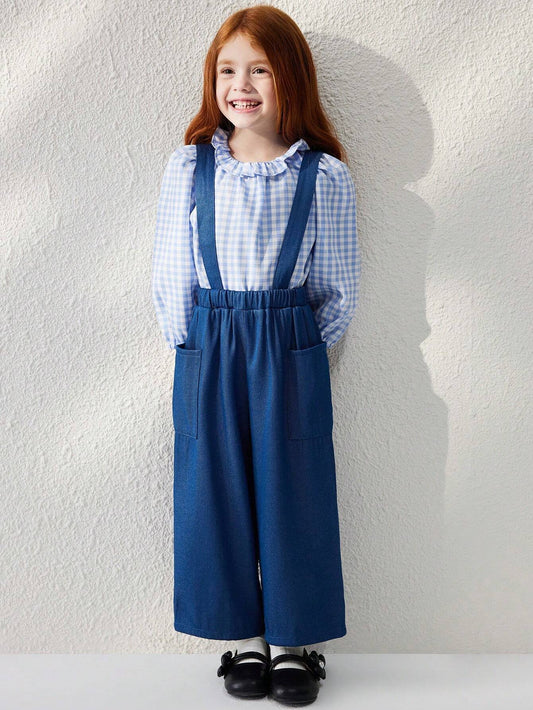 Young Girls' French Elegant Blue Woven Loose Suspender Pants Blue