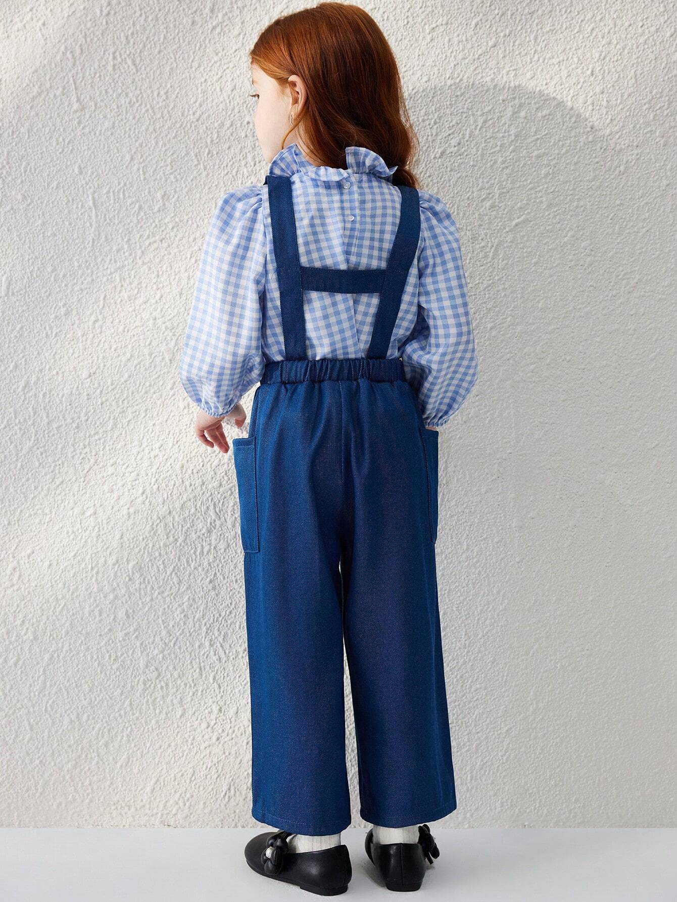 Young Girls' French Elegant Blue Woven Loose Suspender Pants