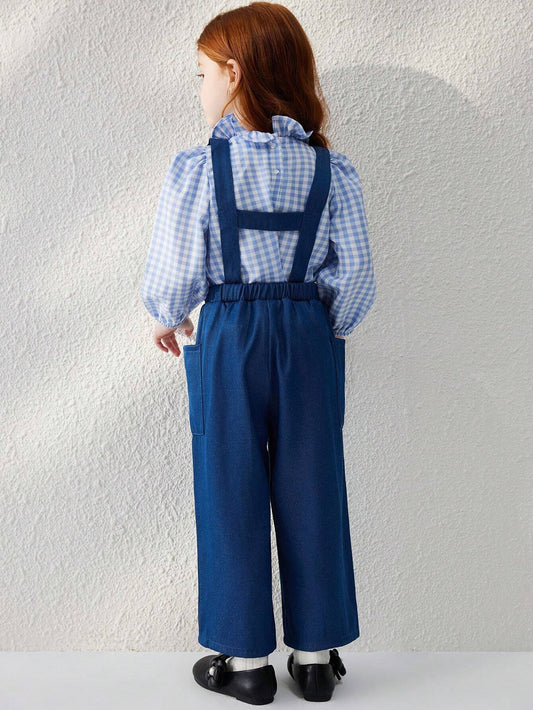 Young Girls' French Elegant Blue Woven Loose Suspender Pants