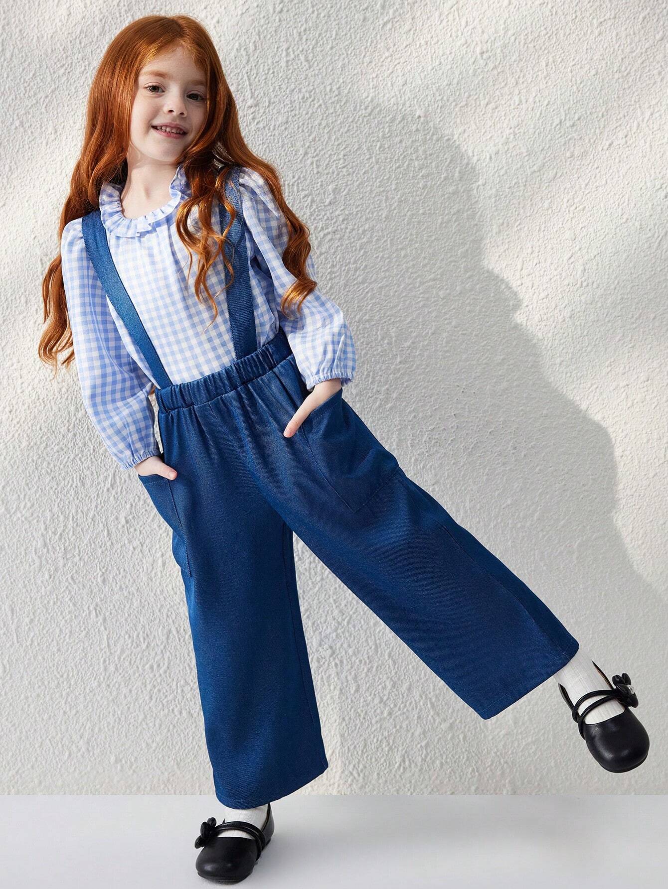 Young Girls' French Elegant Blue Woven Loose Suspender Pants
