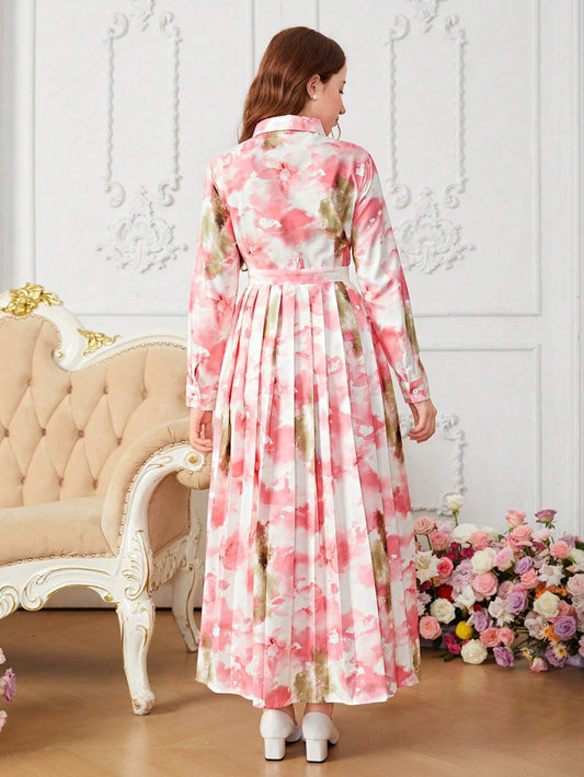 Teenage Girls Elegant Floral Print Collared Long Sleeve Pleated Hem Dress