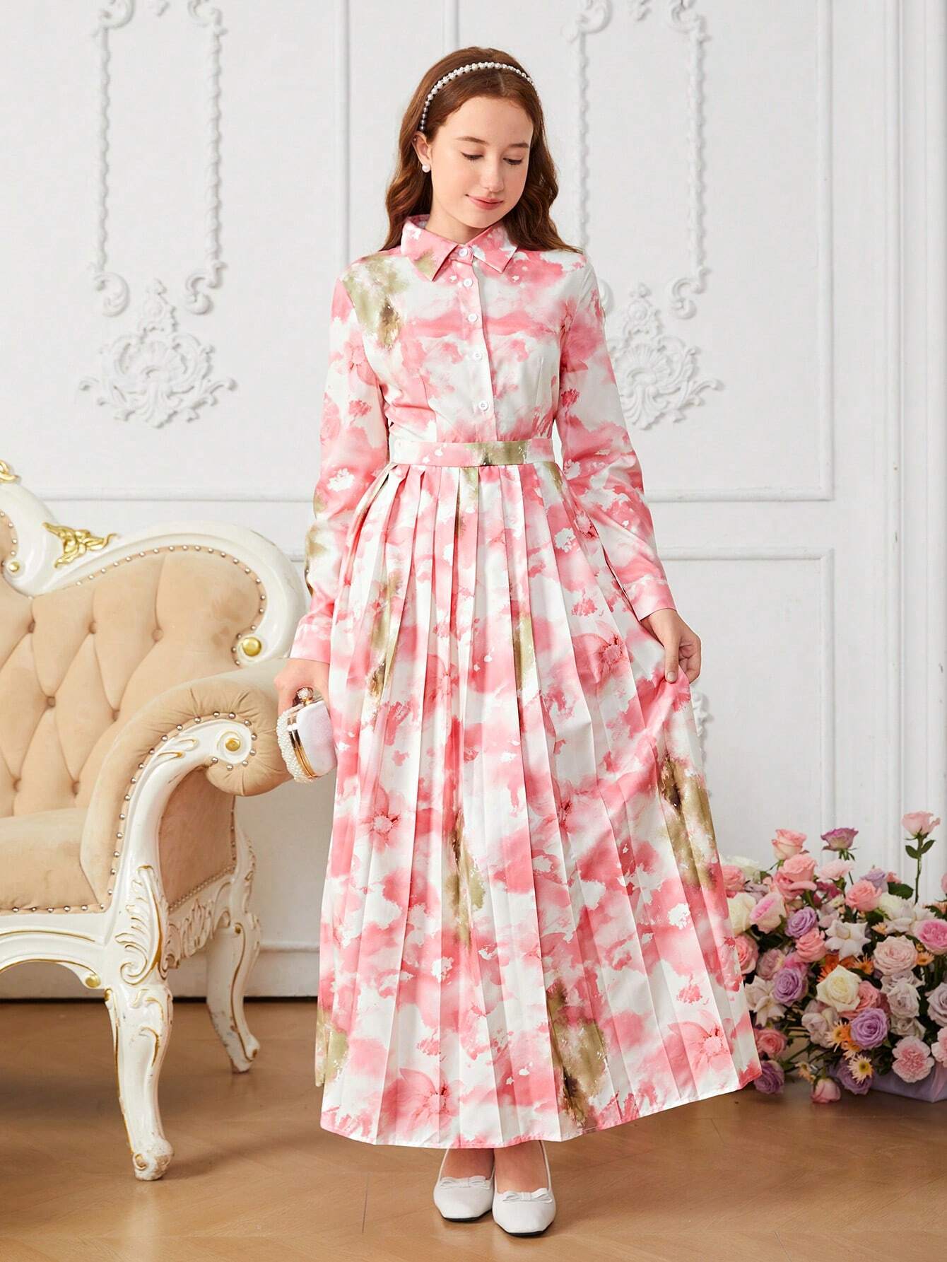 Teenage Girls Elegant Floral Print Collared Long Sleeve Pleated Hem Dress