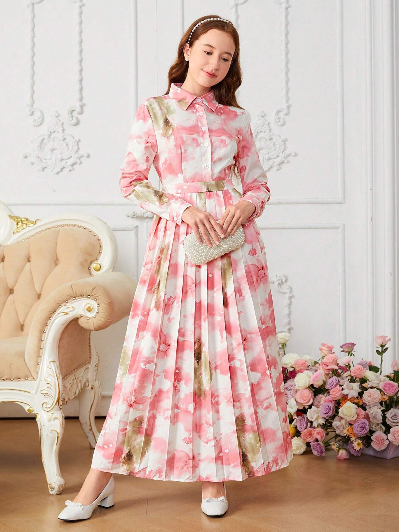 Teenage Girls Elegant Floral Print Collared Long Sleeve Pleated Hem Dress Multicolor