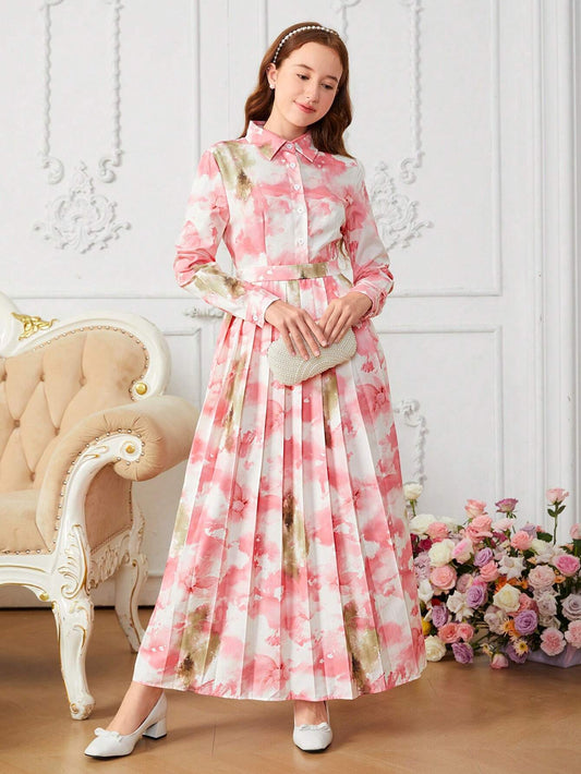Teenage Girls Elegant Floral Print Collared Long Sleeve Pleated Hem Dress Multicolor