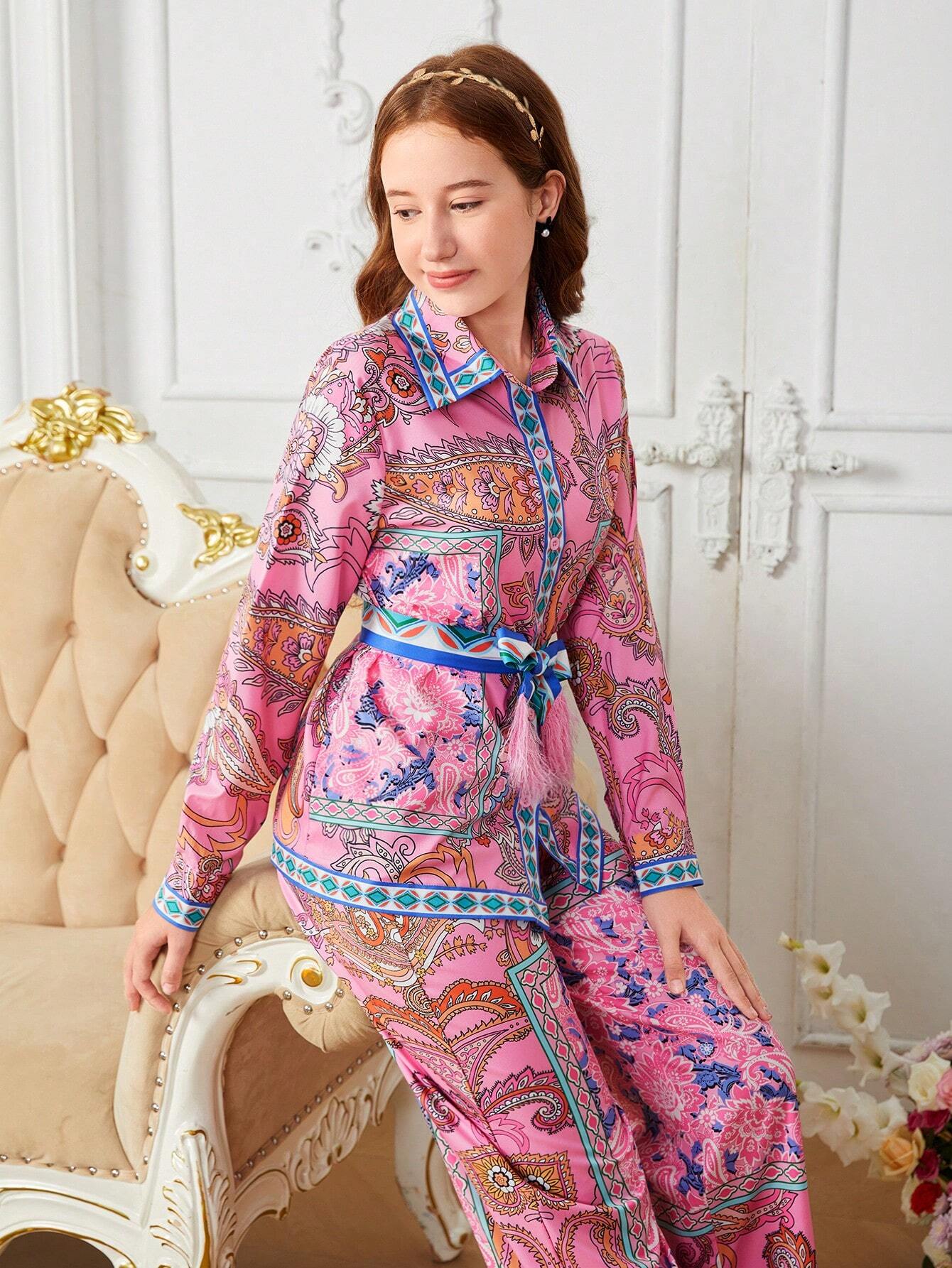 2pcs/Set Teenage Girls Elegant Floral Print Self-Tie Bow Collar Shirt And Fringed Wide Leg Pants