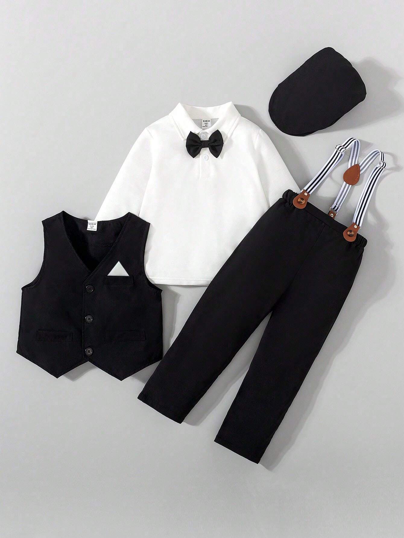 4pcs Young Boy Gentleman Set: Solid Color Single-Breasted Vest, Long Sleeve Shirt, Suspender Pants, Hat Multicolor