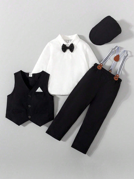 4pcs Young Boy Gentleman Set: Solid Color Single-Breasted Vest, Long Sleeve Shirt, Suspender Pants, Hat Multicolor