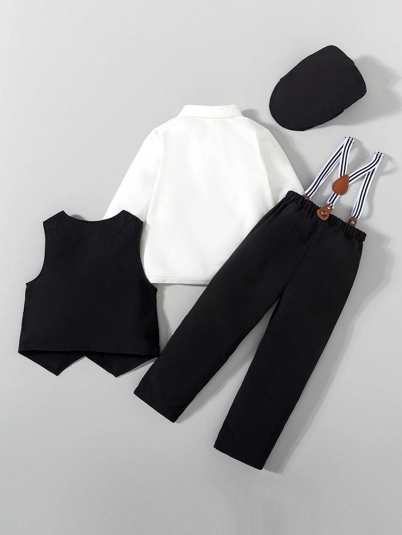 4pcs Young Boy Gentleman Set: Solid Color Single-Breasted Vest, Long Sleeve Shirt, Suspender Pants, Hat