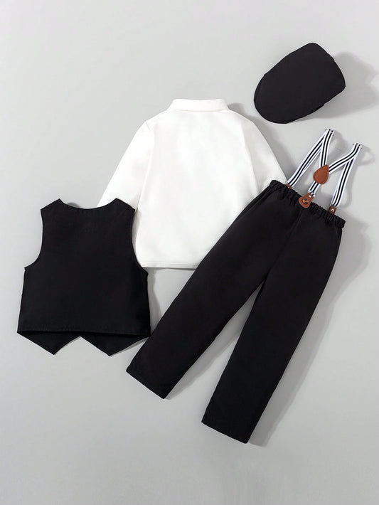 4pcs Young Boy Gentleman Set: Solid Color Single-Breasted Vest, Long Sleeve Shirt, Suspender Pants, Hat