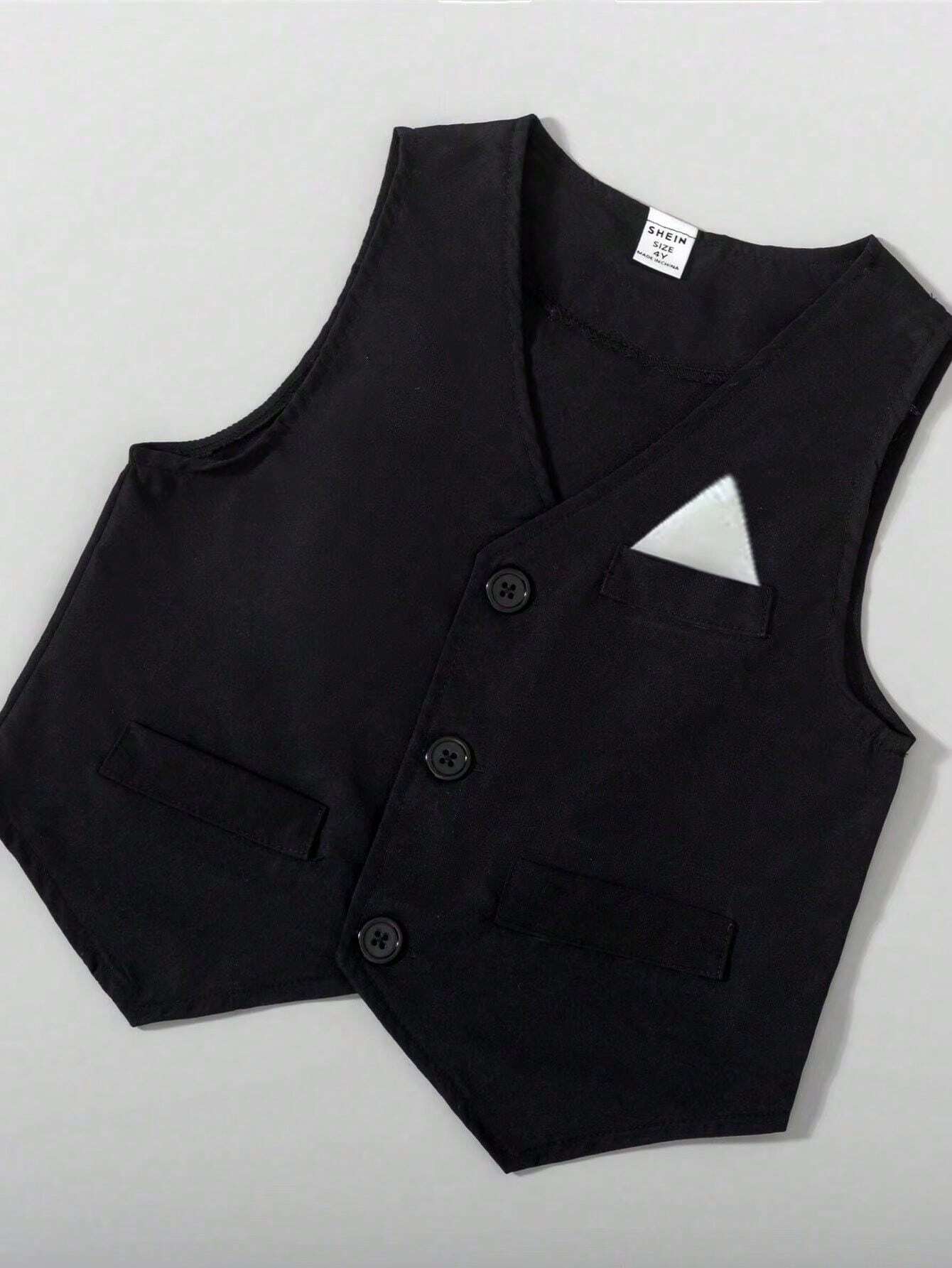 4pcs Young Boy Gentleman Set: Solid Color Single-Breasted Vest, Long Sleeve Shirt, Suspender Pants, Hat