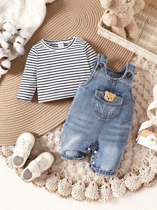 Baby Boys' Striped Printed Long Sleeve Top And Denim Overalls Set Blue