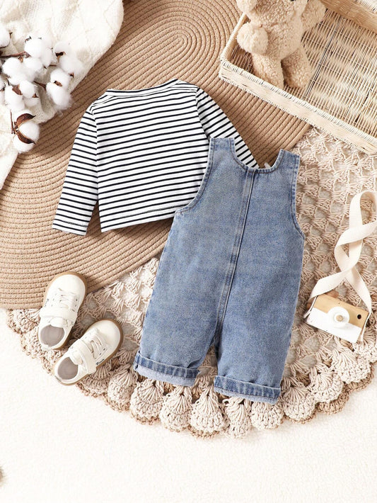 Baby Boys' Striped Printed Long Sleeve Top And Denim Overalls Set
