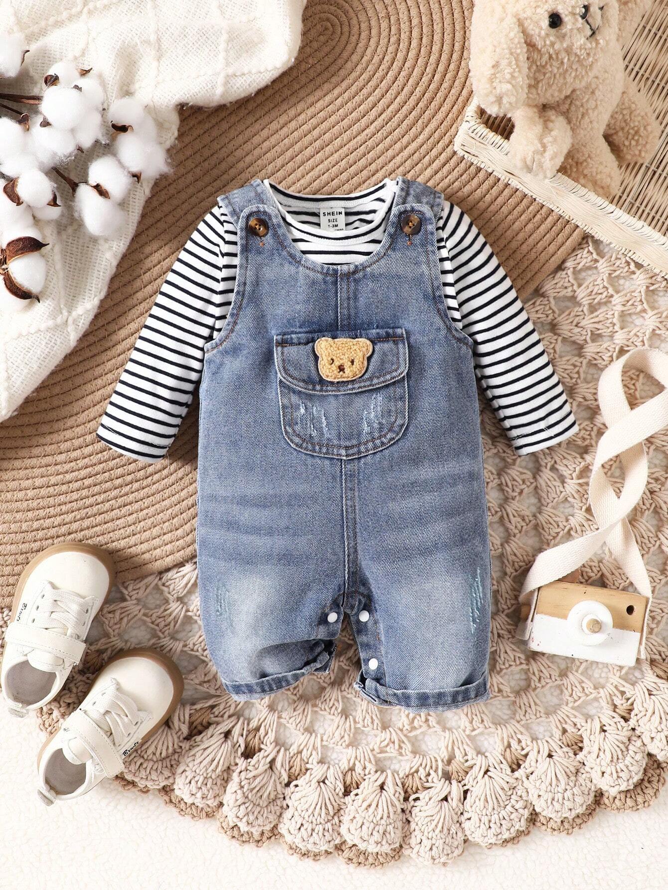 Baby Boys' Striped Printed Long Sleeve Top And Denim Overalls Set
