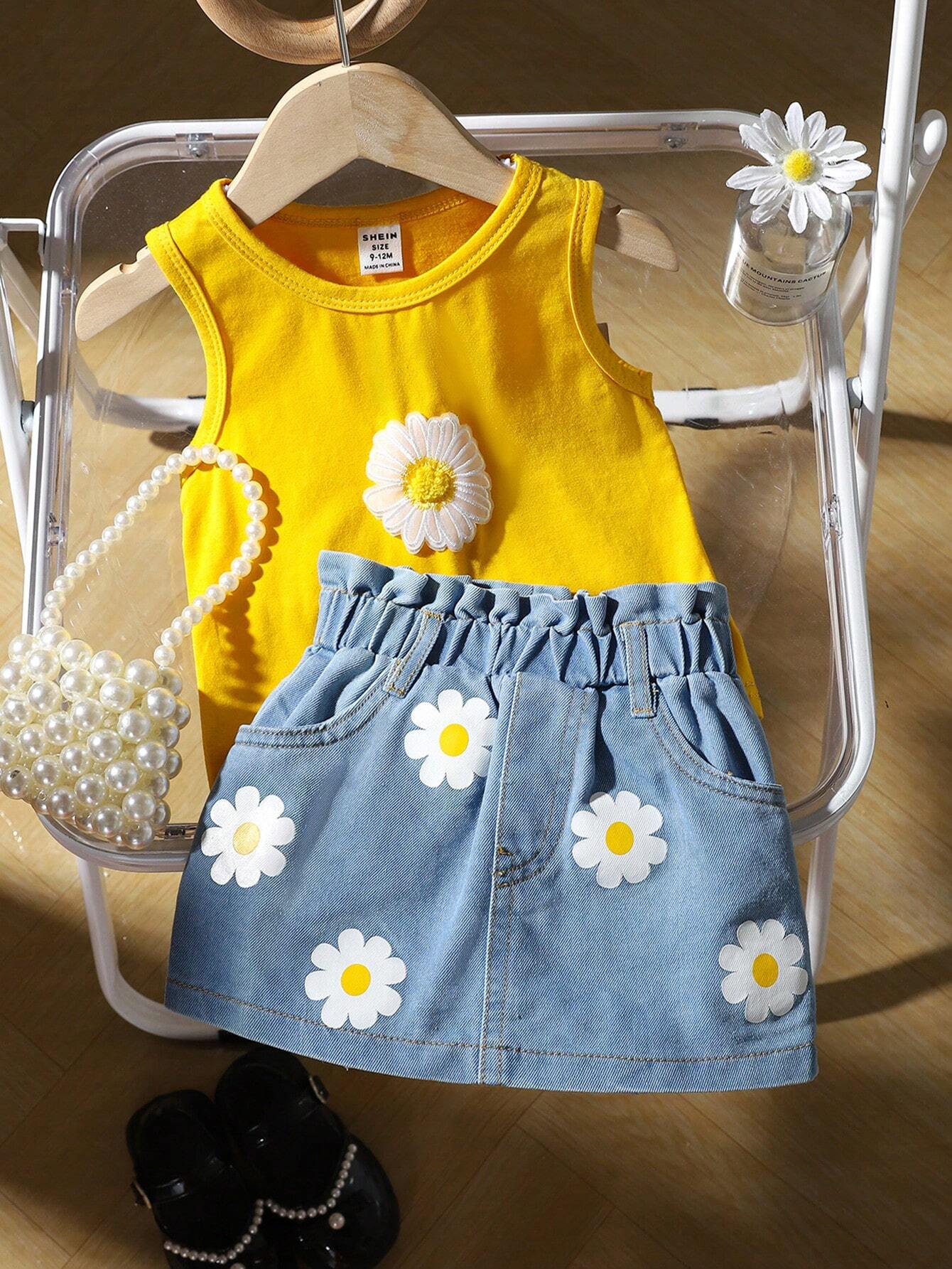 2pcs Infant Girls Casual Everyday Versatile 3D Daisy Flower Woven Label Tank Top & Skirt Yellow