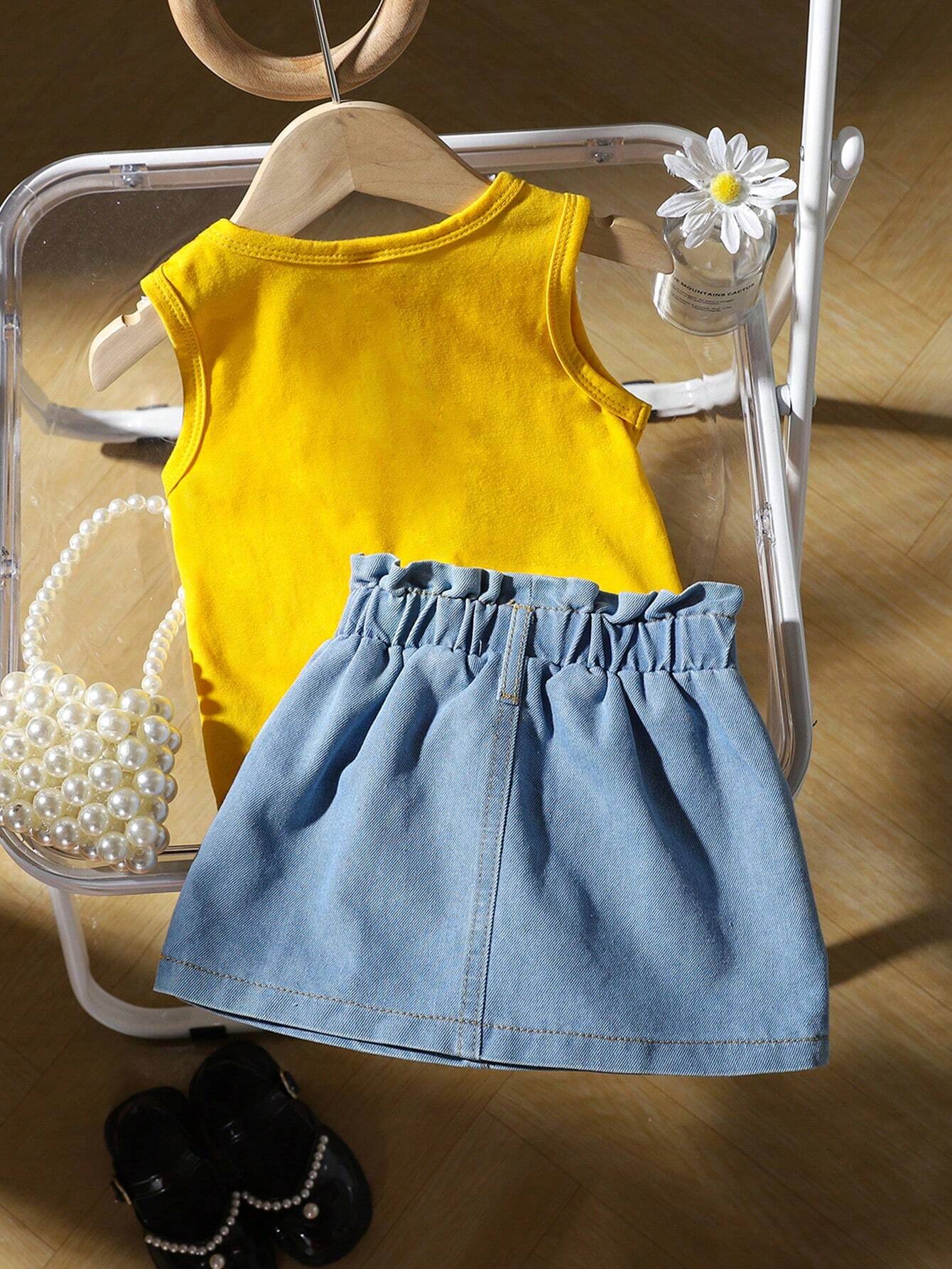 2pcs Infant Girls Casual Everyday Versatile 3D Daisy Flower Woven Label Tank Top & Skirt