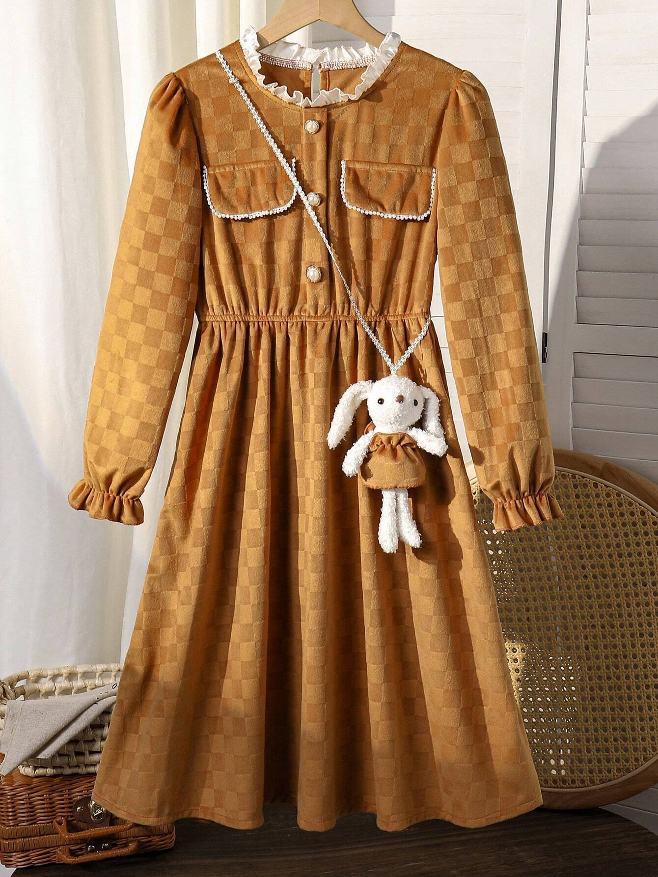 Tween Girl Pearl Pocket Ruffle Collar Dress With Bunny Decor Coffee Brown