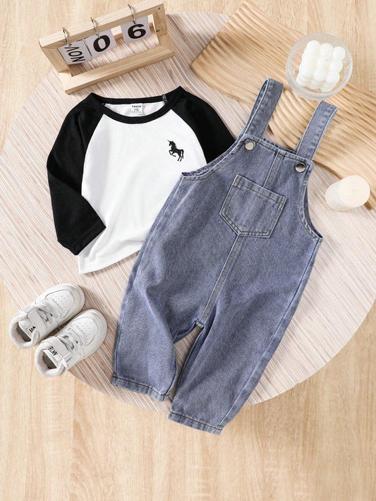 Contrast Crew Neck Long Sleeve T-Shirt & Adjustable Strap Pocket Denim Bib & Brace Pants Set Multicolor