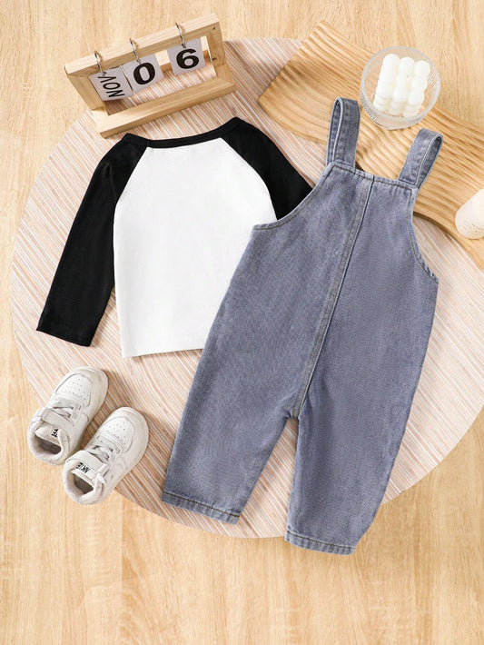 Contrast Crew Neck Long Sleeve T-Shirt & Adjustable Strap Pocket Denim Bib & Brace Pants Set