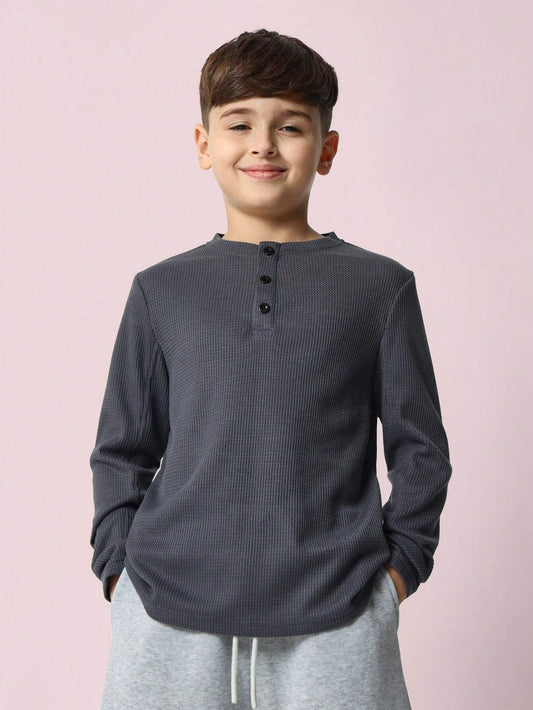 Tween Boys Regular Fit Textured Long Sleeve Henley Tee Dark Grey