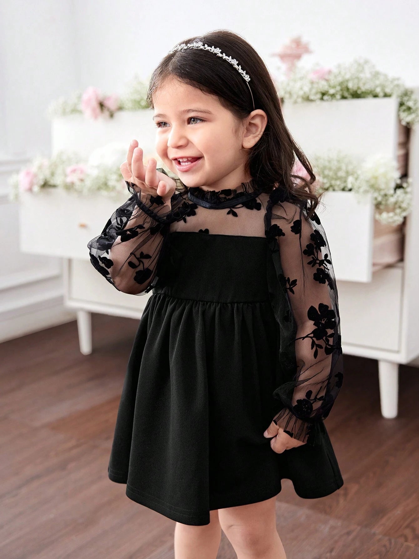 Baby Girl Long Sleeve Floral Print Knit & Mesh Contrast Dress
