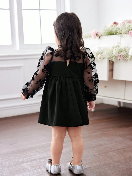 Baby Girl Long Sleeve Floral Print Knit & Mesh Contrast Dress
