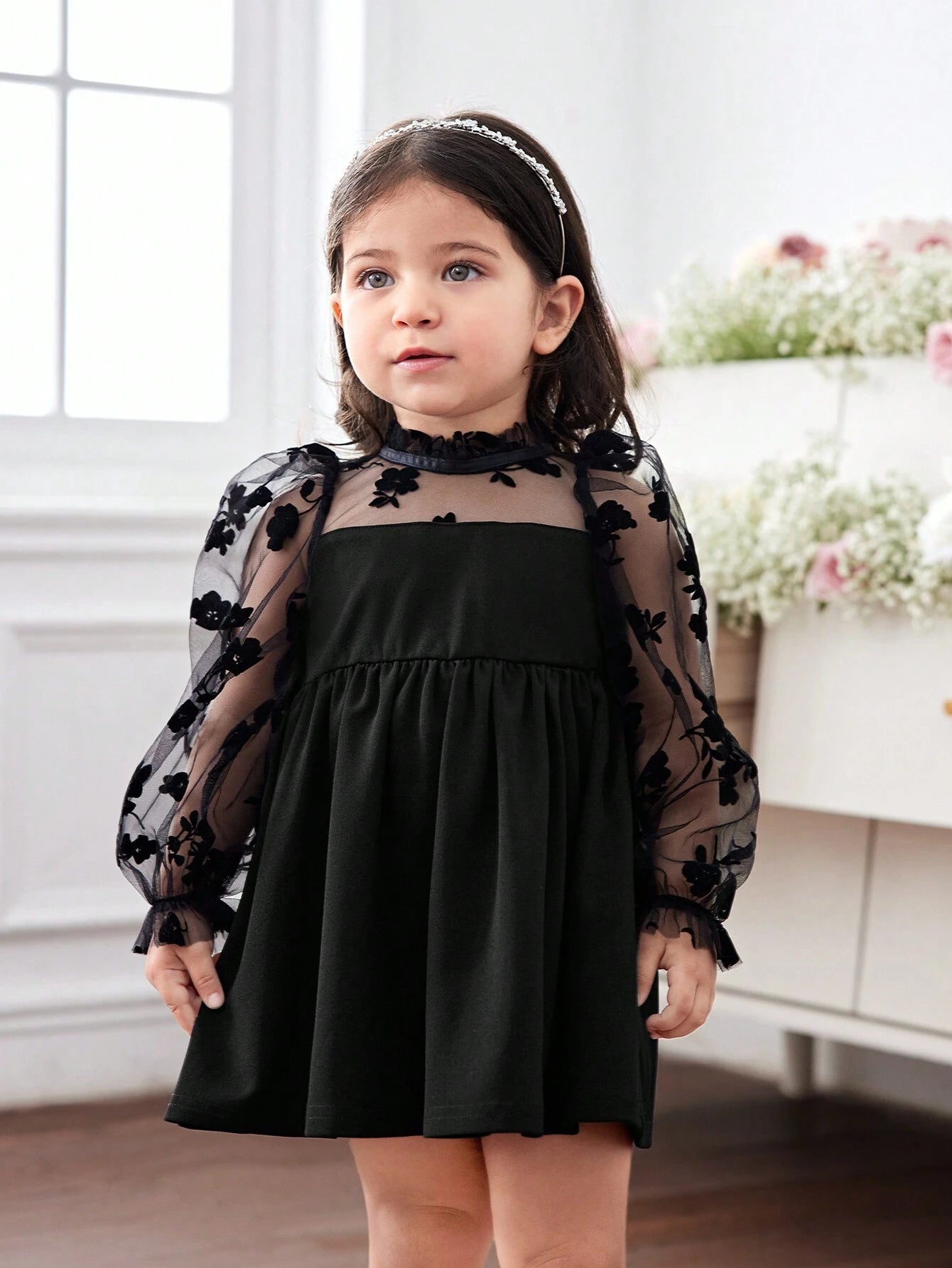 Baby Girl Long Sleeve Floral Print Knit & Mesh Contrast Dress