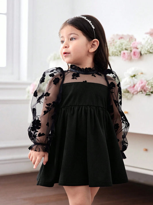Baby Girl Long Sleeve Floral Print Knit & Mesh Contrast Dress Black