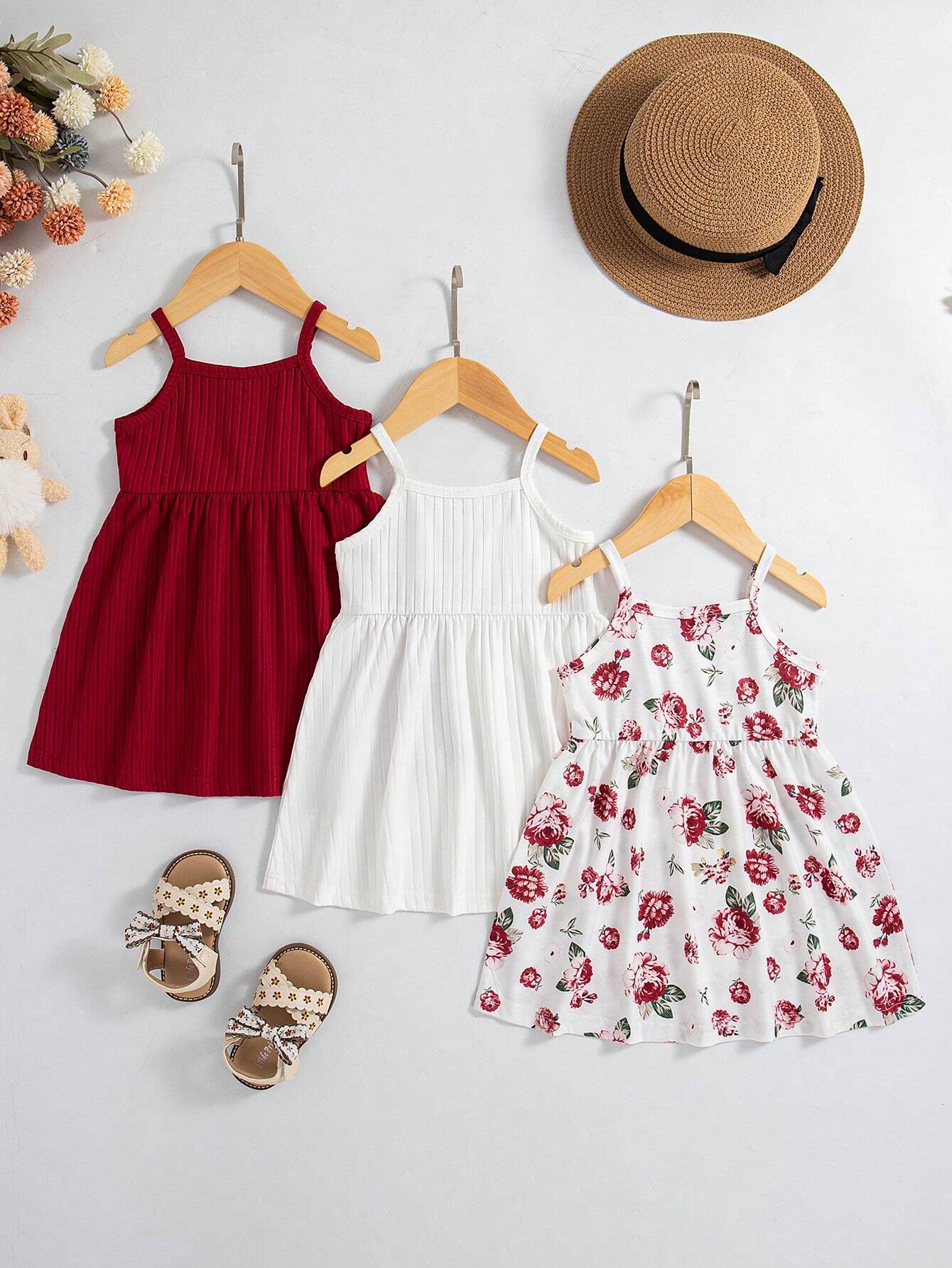 3pcs Baby Girls Floral Print Solid Ribbed Button Camisole Dress Set