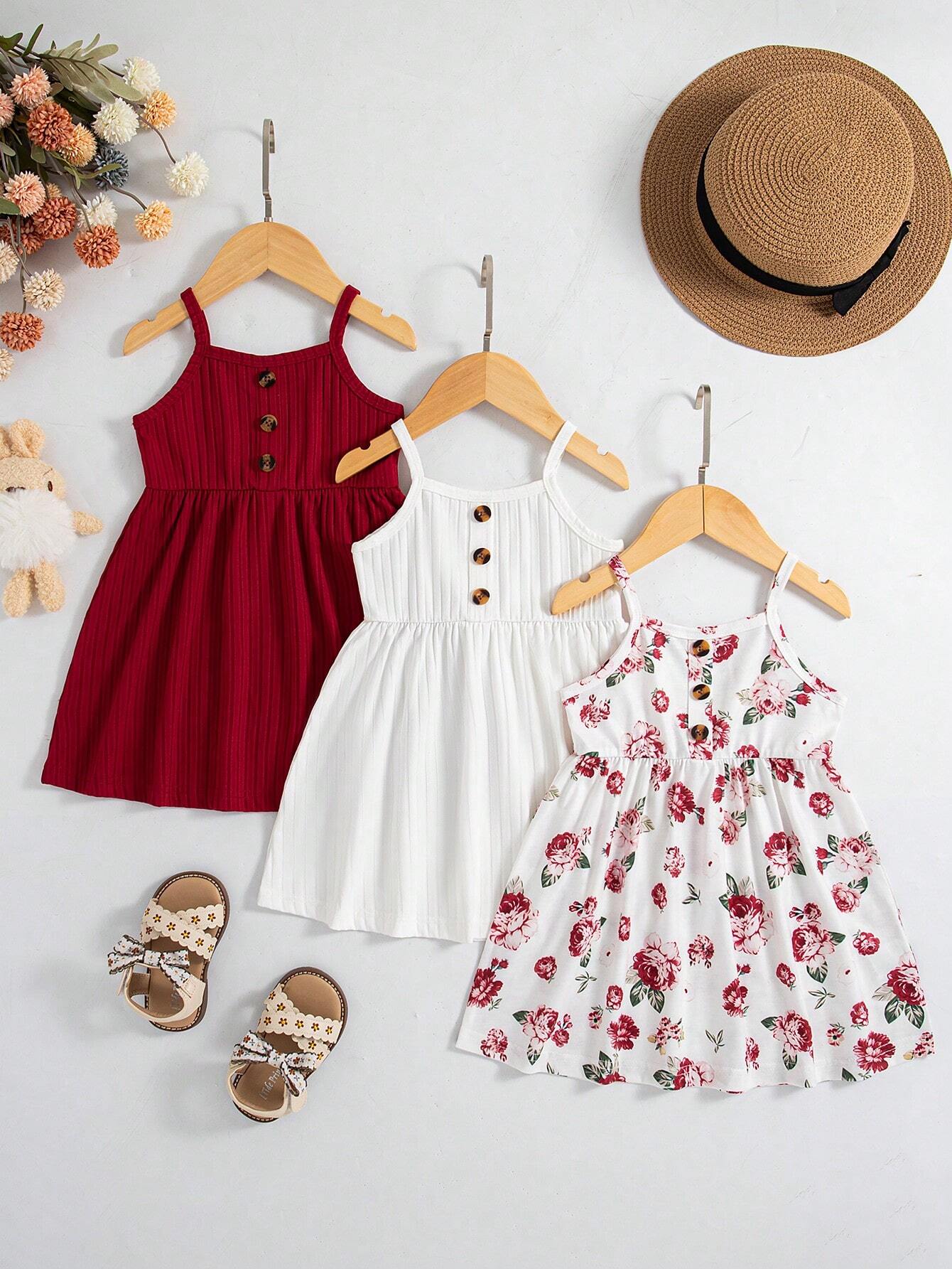 3pcs Baby Girls Floral Print Solid Ribbed Button Camisole Dress Set Burgundy