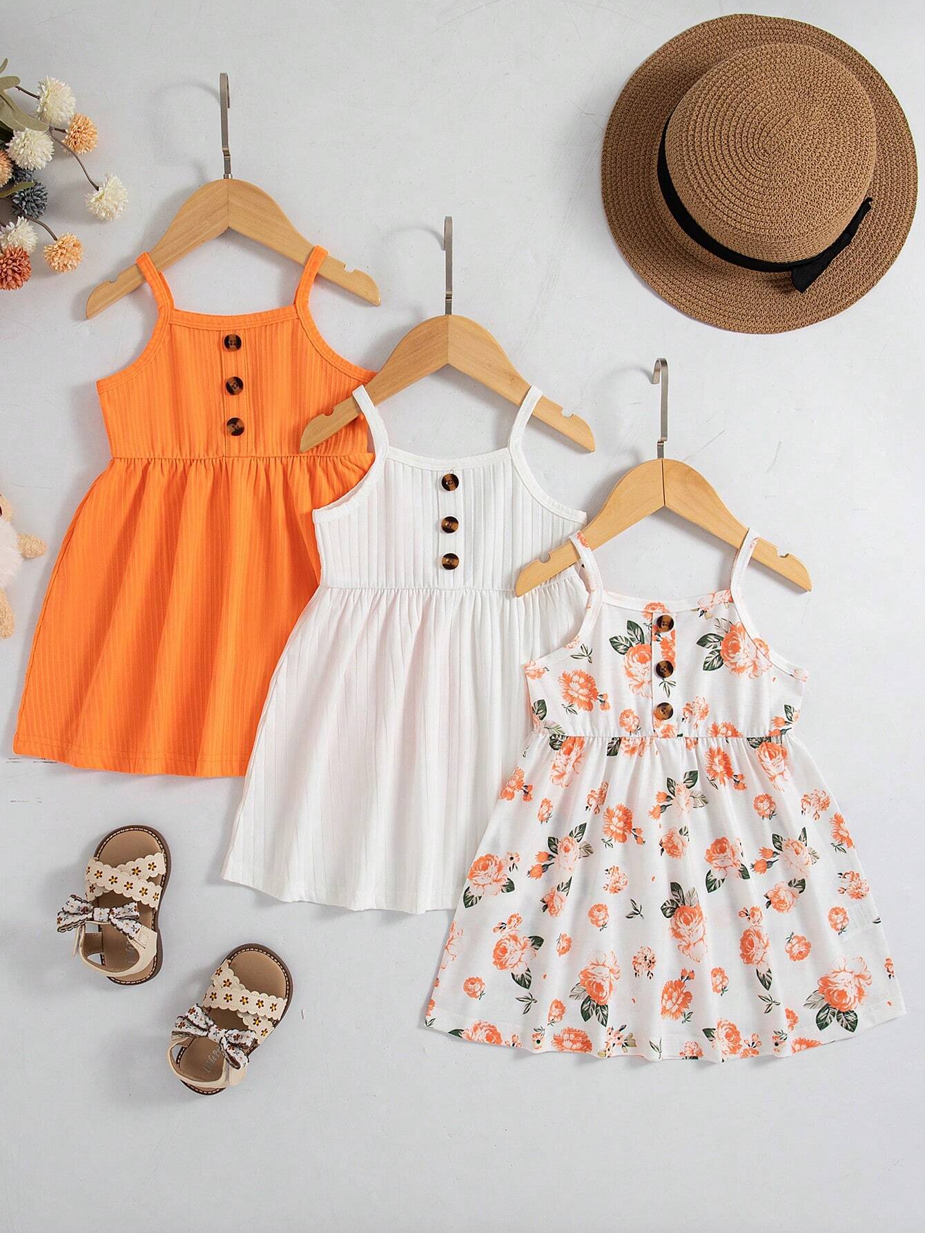 3pcs Baby Girls Floral Print Solid Ribbed Button Camisole Dress Set Orange