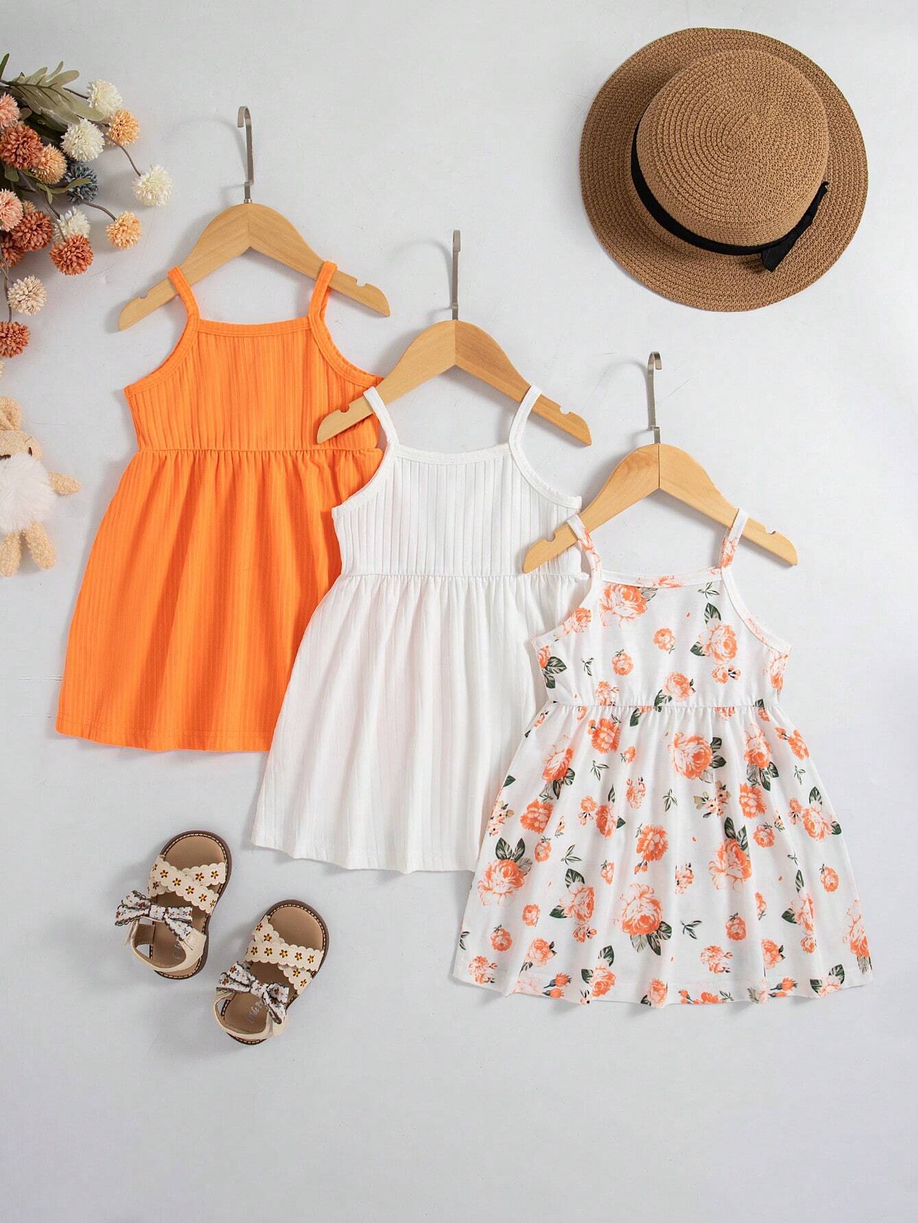 3pcs Baby Girls Floral Print Solid Ribbed Button Camisole Dress Set