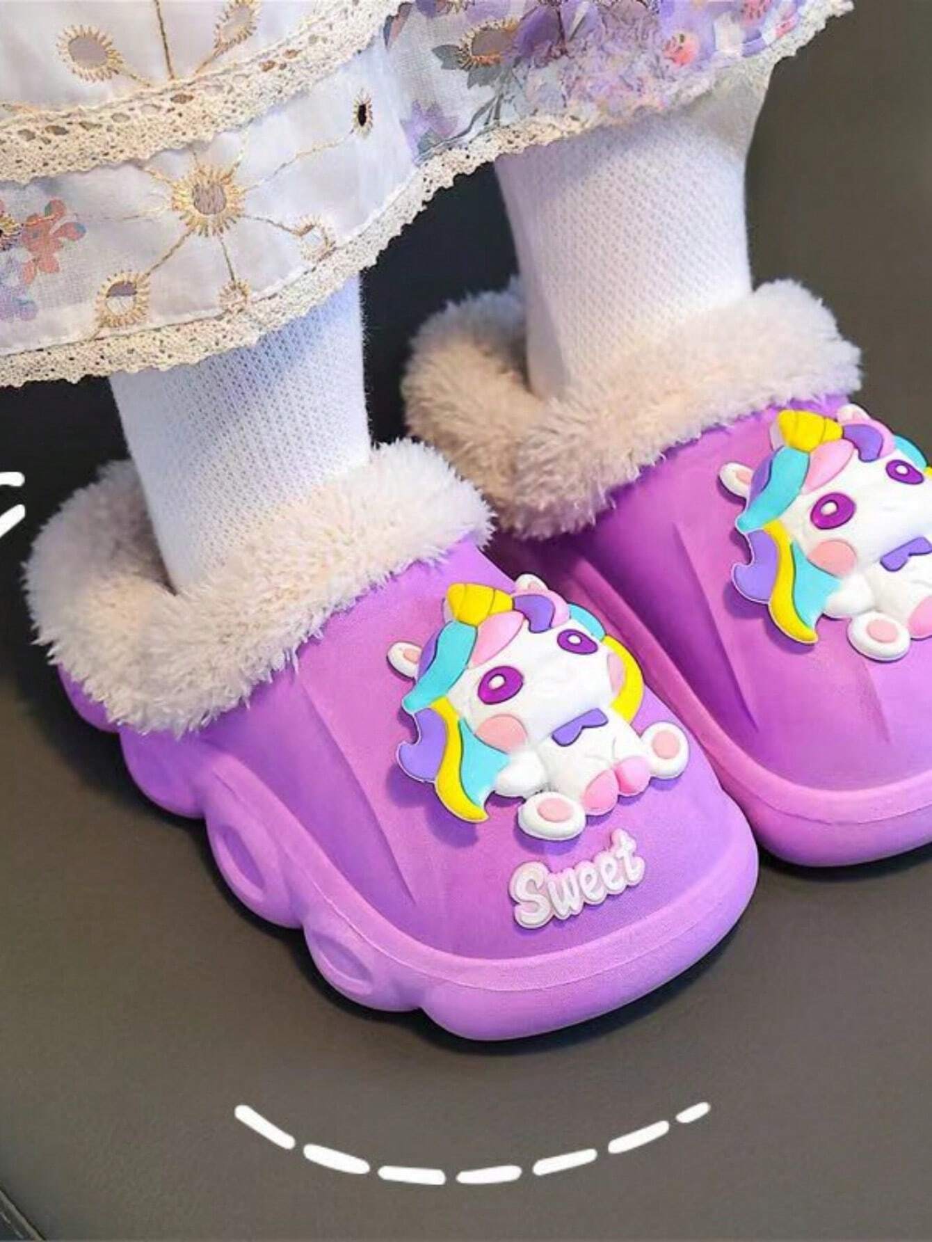 1 Pair Girls Cartoon Pony Fluffy Slippers Purple