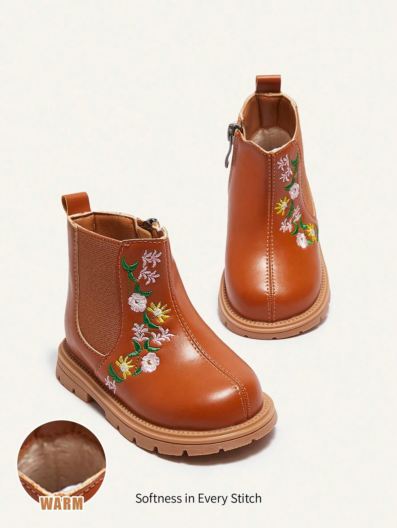 Cozy Pixies Fashionable & Versatile Cute Girl Design Embroidered Anti-Slip Warm Lined Baby Short Boots