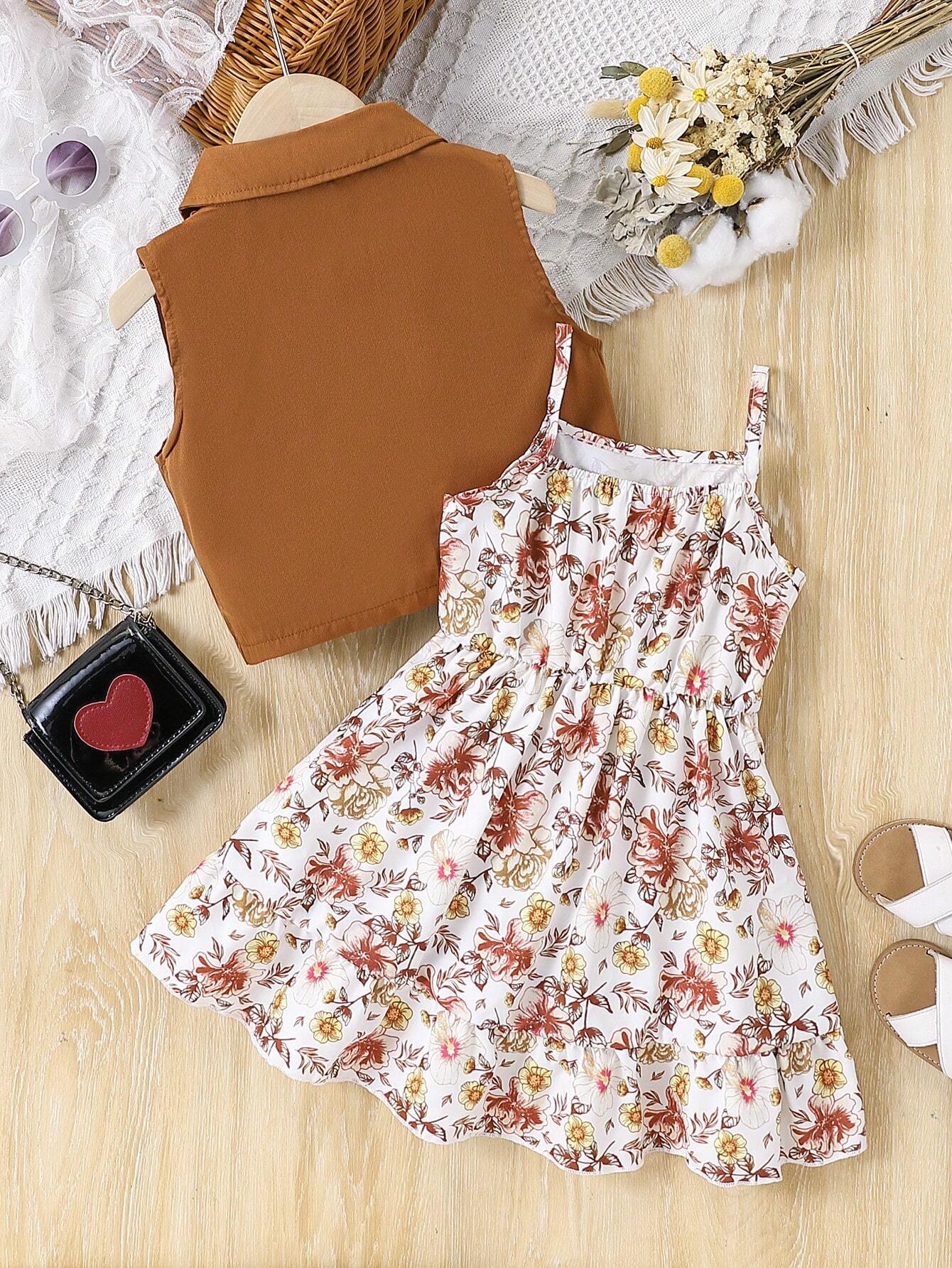 2pcs Young Girls' Casual Solid Color Sleeveless Short Shirt Jacket And Floral Allover Print Dress Set